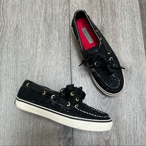 SPERRY TOP SIDER BAHAMA SEQUIN WOOL BOAT SHOE BLACK 6.5